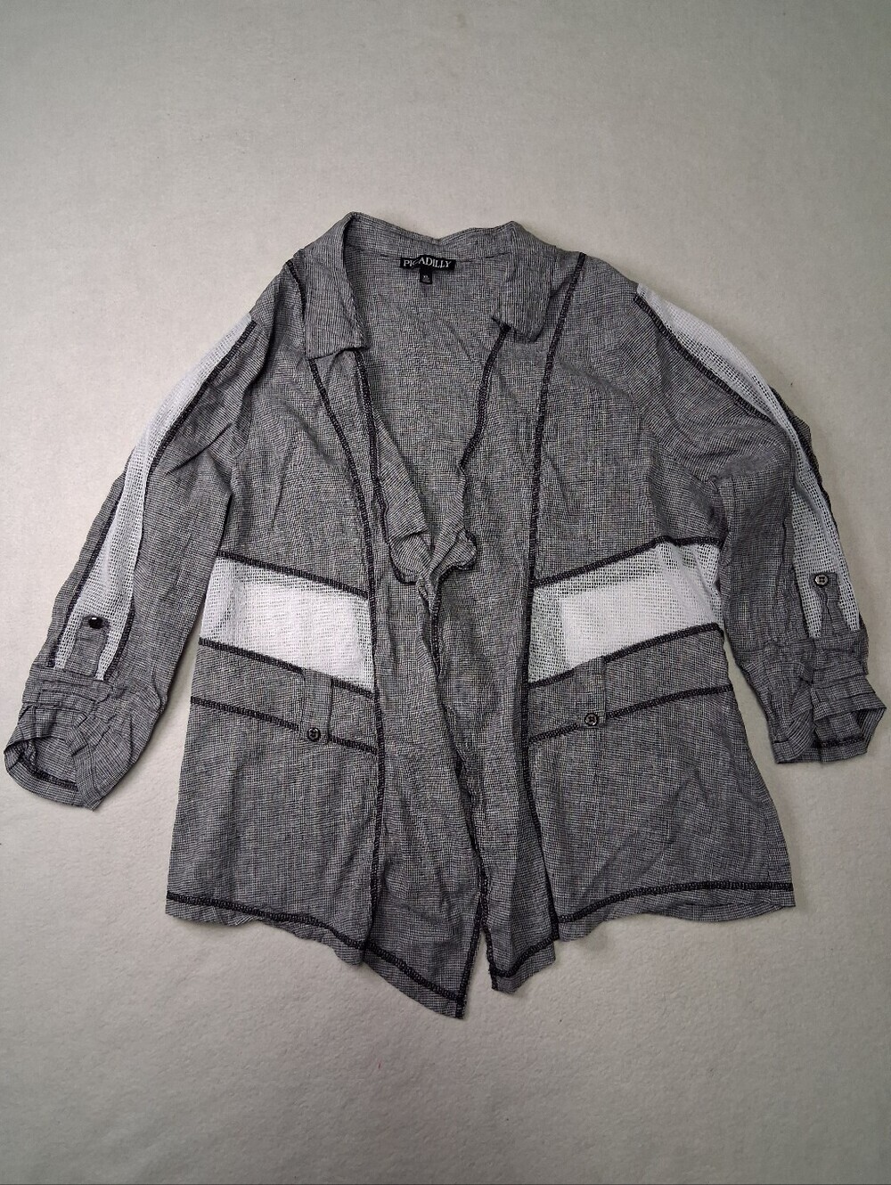 Picadilly Fashion Gray and White Sheer Open Front Cardigan
